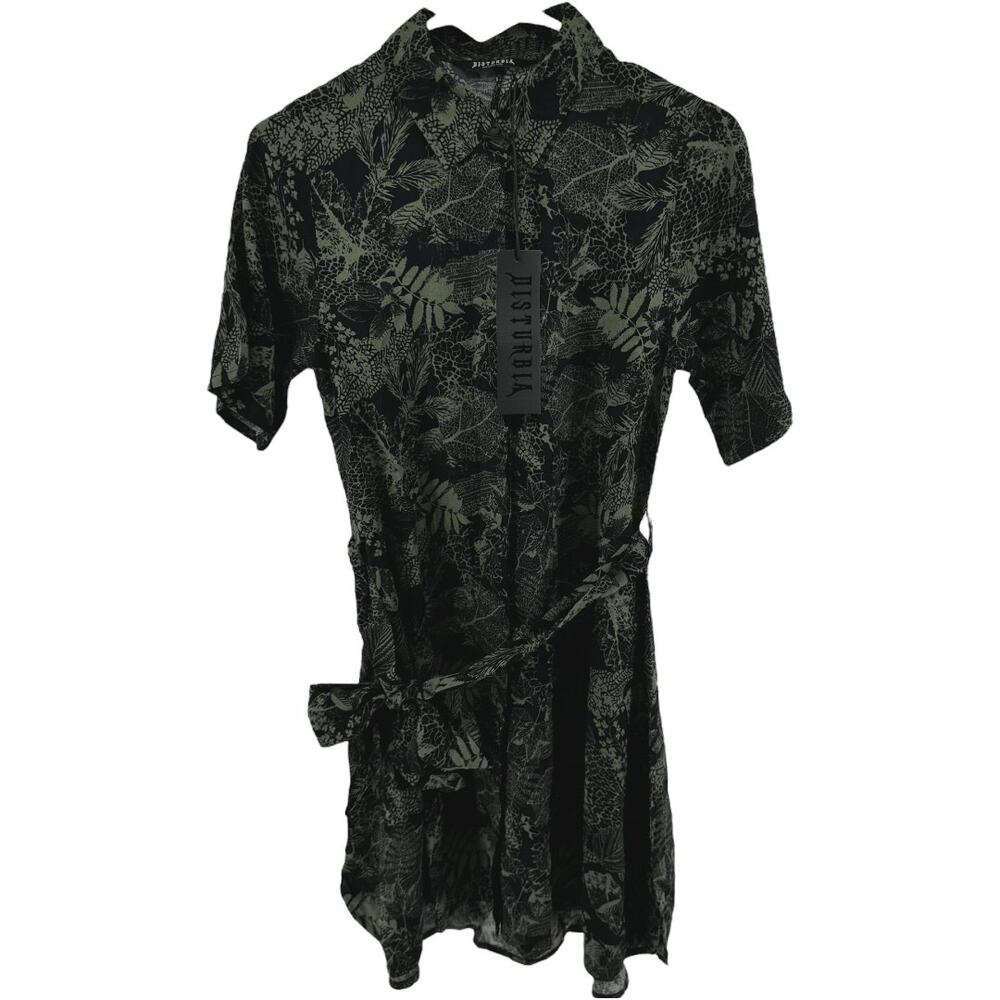 Disturbia Daphne Shirt Dress Leaf Print Button Tie Waist Green Black 4 NWT - Picture 2 of 5